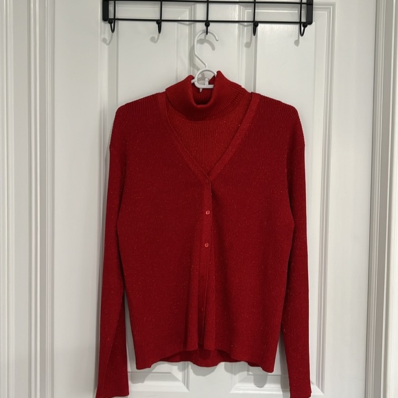 Red sparkle J. McLaughlin sleeveless turtleneck sweater and cardigan. - Picture 1 of 6